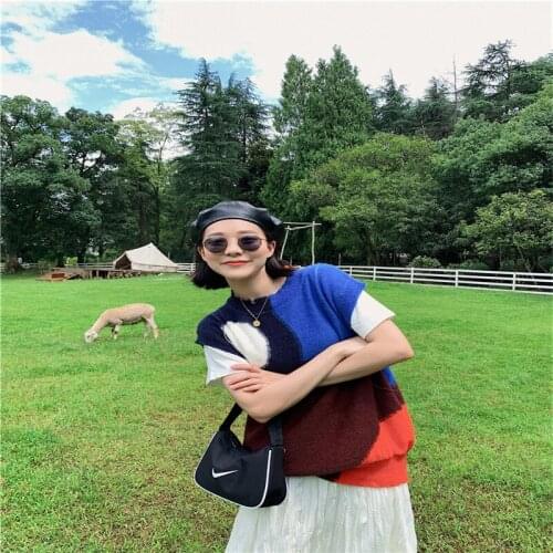 Blue Hit Color Vests Women Tops Korean Loose O-neck Knit Sleeveless Sweater Female Stylish Casual Soft Waistcoat Fall Winter