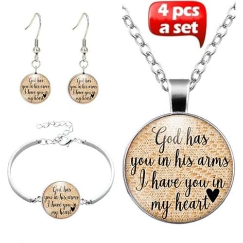 4pcs/Set Cremation God has you in his arms... Memorial Pendant Ashes Urn Name Engraved Glass Necklace Bracelet Earrings Jewelry