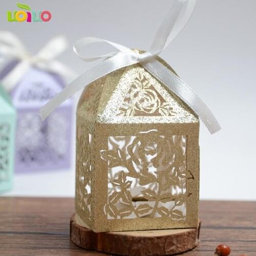 50pcs Roses Flower Laser Cut Favor Candy Box Bomboniere with Ribbons Bridal Shower Wedding Party Favor glitter gold glitter pink
