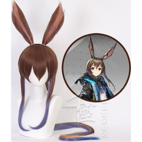 Anime Game Arknights Amiya Cosplay Wig with Ear Brown Synthetic Wig Costume Halloween Party Play Woman Wigs Straight Hair