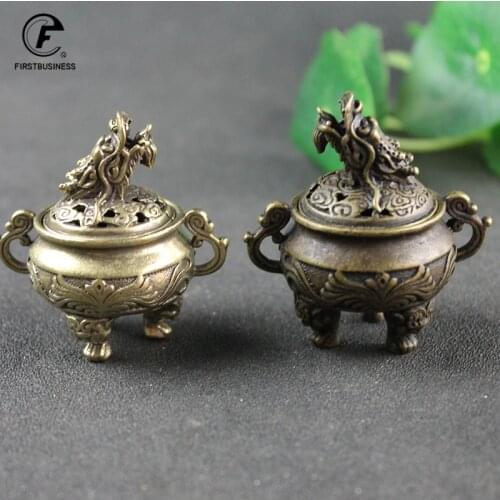 Antique Copper Tripod Incense Burner with Dragon Head Cover Brass Caldron Censer Chinese Pattern Incense Holder Home Desk Decor