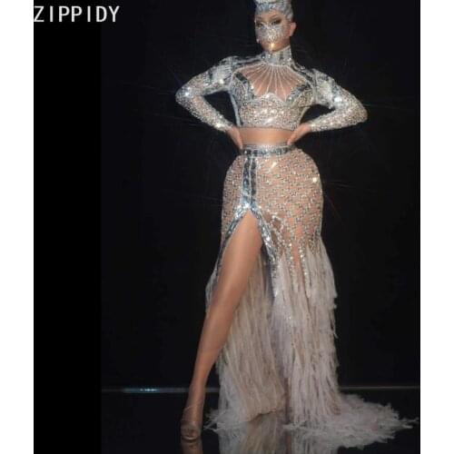Glisten Silver Sequins Stone Spandex Top Long Skirt Prom Birthday Celebrate White Fringe Outfit Women Singer Show Dress Set
