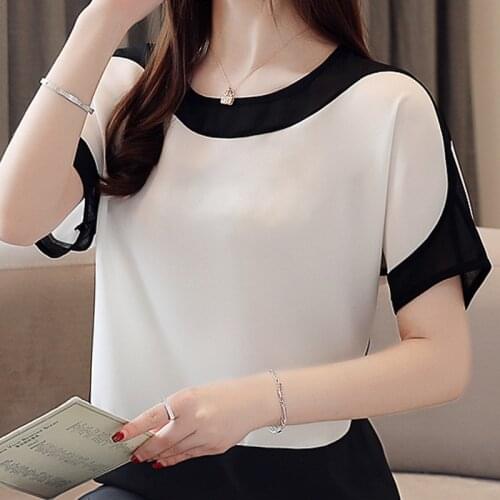 Blouses Summer White Blouse Short Sleeve Blouse Women Blusas Mujer De Moda 2021 Verano O-Neck Chiffon Blouse Shirt Tops E753