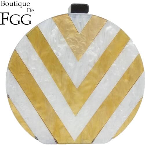 Boutique De FGG Round Womens Fashion Day Clutches Handbag Gold & White Striped Acrylic Box Evening Purse Chain Shoulder Bag