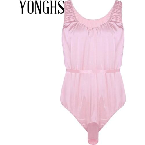 Mens Sissy Crossdressing Lingerie Bodysuit for Sex One-Piece Shiny Satin Sleeveless Open Sheath Bodysuit Nightwear Sleepwear