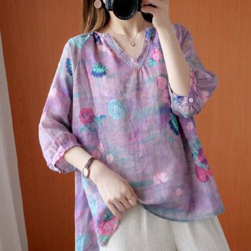 Women Cotton Casual T-shirts New Arrival 2021 Summer Vintage Style Floral Print V-neck Loose Comfortable Female Tops Tees S3223