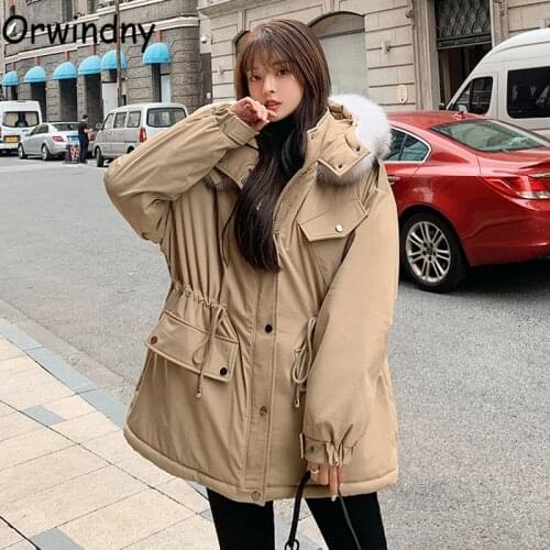 Orwindny Fashion Warm Parkas Women Fur Lining Snow Wear Jackets Winter 2021 New Female Oversized Solid Drawstring Coats Hooded