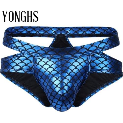 Mens Lingerie Shiny Underwear Fish Scale Print Briefs Bulge Pouch Underpants Hollow Out Low Waist Elastic Waistband Panties