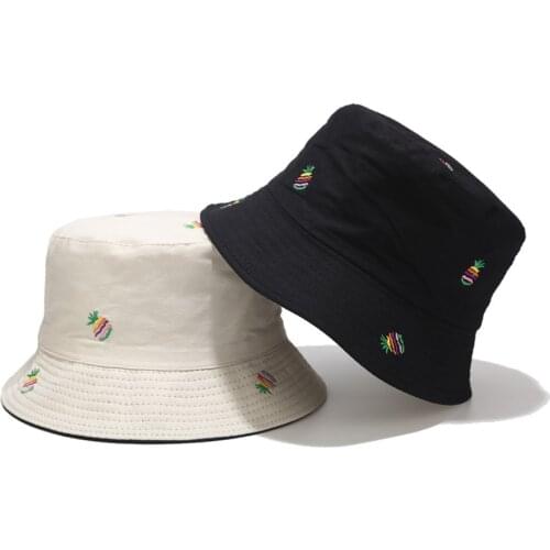 Brand New Pineapple Embroidery Bucket Hat Unisex Double-sided Fisherman Hats Men Women Outdoor Sun Visor Travel Pot Hats