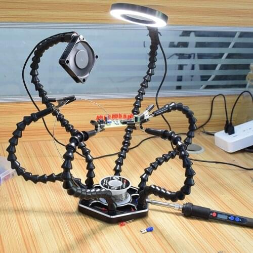 Helping Hands Third Arm Soldering Work Station 6 Flexible Arms with Precision 360 Degree Alligator Clip USB 3X Magnifier