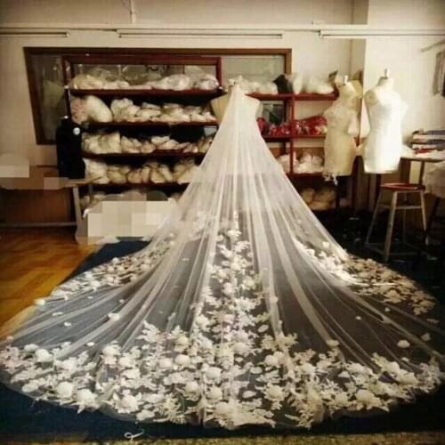New 3 Meters Ivory/White Bridal Veils Lace Edge 3D Flowers Tulle Cathedral Wedding Veils Long Wedding Accessories Custom Size