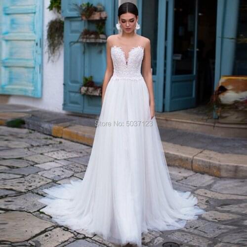 Tulle A Line Wedding Dresses Sleeveless Sweetheart Lace Appliques Button Illusion Wedding Bridal Gown Vestido De Noiva Custom