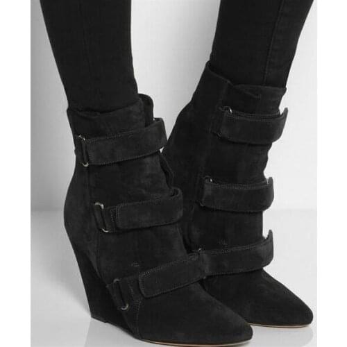 Spring Fashion Black Suede Leather Women Pointed Toe Ankle Boots Leather Hook & Loop Ladies Wedge Boots Female Knight Style Boot