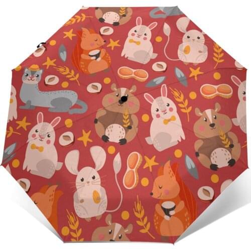 Wind Resistant Folding Automatic Umbrella Women Auto Cute Ferret Squirrel Hare Hamster Windproof Umbrellas Rain For Men Parasol