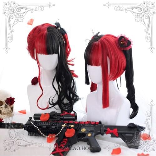 High Quality Harajuku Soft Girl Lolita Red Black Together Color Long Curly Hair Tiger Mouth Clip Wig