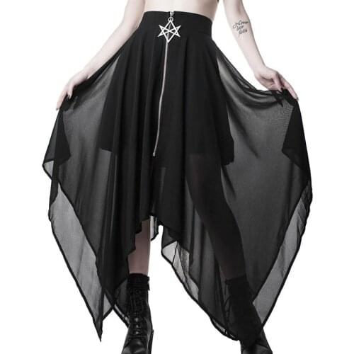 Gothic Darkness Lady Skirt Summer Mesh Irregular Women Skirts Pentagram Zipper Black Punk Skirts Casual Loose Streetwear Skirts