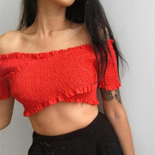 Sale Sexy White Off Shoulder Short Top Solid T Shirt Women Summer Sleeveless Basic Slim Tshirt Red Tees Tops