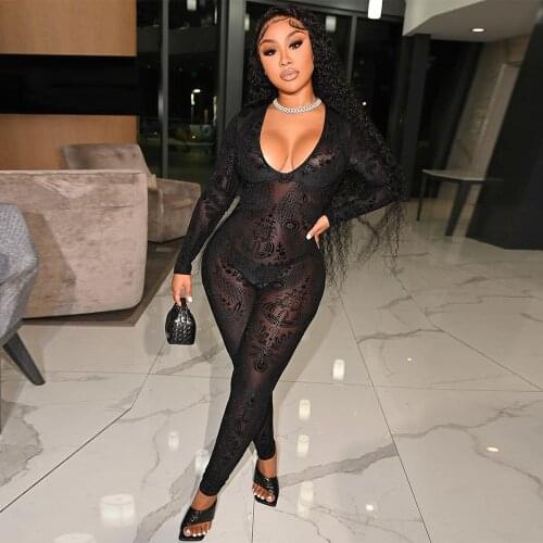 Black Sexy Sheer Mesh Print One Piece Overalls for Women Low Neck Long Sleeve See Through Romper Autumn Clubwear Party Outfits