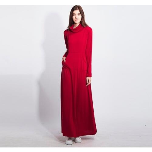 Women Elegant Warm Maxi Dress With Pocket Casual Solid Long Sleeve Vintage Long Dress Robe Bow Neck Long Dress Female Vestidos