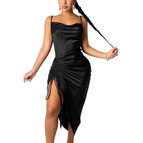 2021 New Ladies Party Sexy Drawstring Thin Shoulder Strap High Neck Open Back Dress Pleated Satin Dress