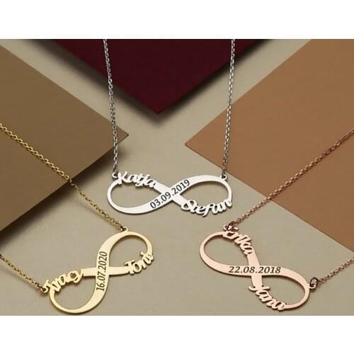 HUHUI Personalized Infinity Name Necklace Custom Name Date Pendant Stainless Steel Handmade Jewelry For Women Couple Best Gift