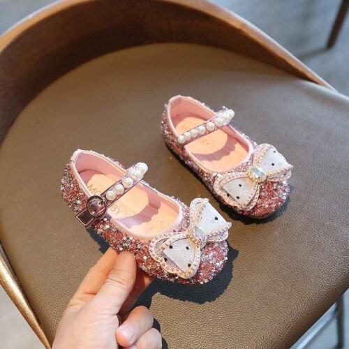 Girls Leather Shoes Autumn Sequins Bow Baby Girl Shoes Fashion Pearl Kids Dress Shoes Toddler Sneakers SMG221