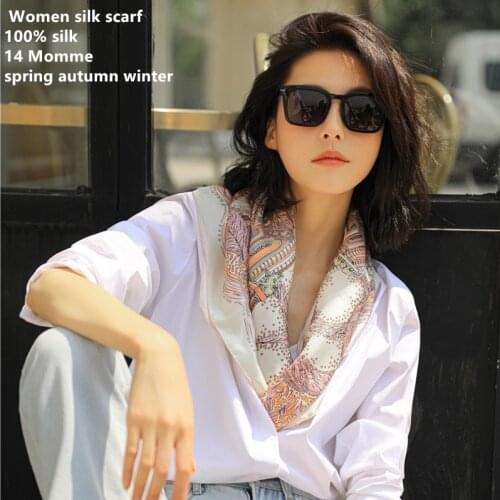 Naizaiga 100% mulberry silk 90*90cm square light pink print women shawl 14 Momme Hand curling scarves ,HCY1908A