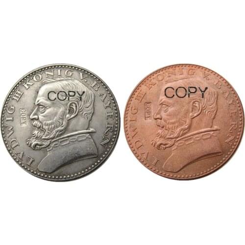 GERMAN 1913 CU Pattern 5 Mark Copper/Silver Plated German ST Bavaria Ludwig III Copy Coin