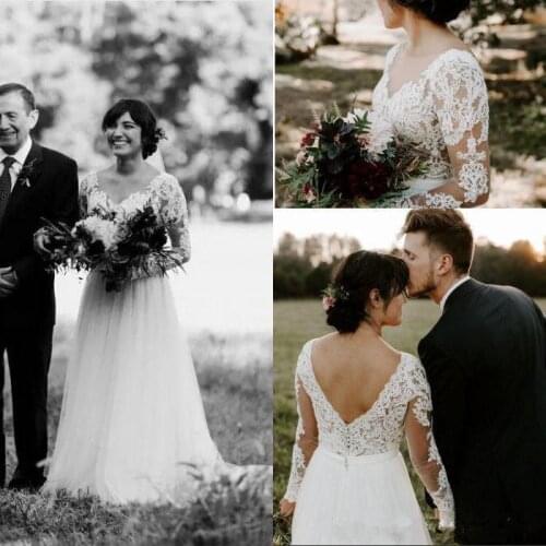 2020 Newest Sheer Long Sleeves Lace Tulle Boho Wedding Dresses A-line Rustic Informal Bridal Gowns Illusion Top Bohemian Gowns