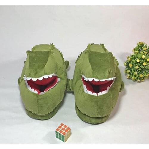 New Cartoon Crocodile Plush Home Slippers Winter Warm Non-slip Cotton Funny Shoes Green Half Cover Toe Slides Shark Furry Slides