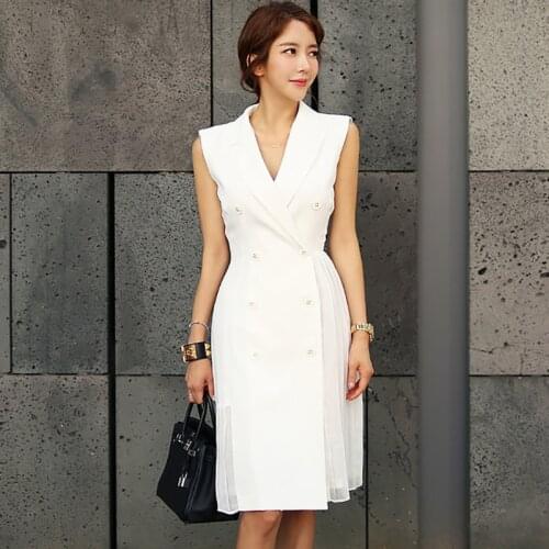 Elegant V-neck Double-breasted Women White Dress Vintage Pleated Patchwork Women Dress Sleeveless OL Style Female Vestidos 2021