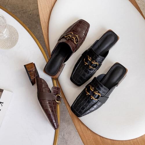 Genuine Cow Leather Muller Slippers Comfortable and Convenient Womens Shoes Heels Sandals Women Mueller Shoes