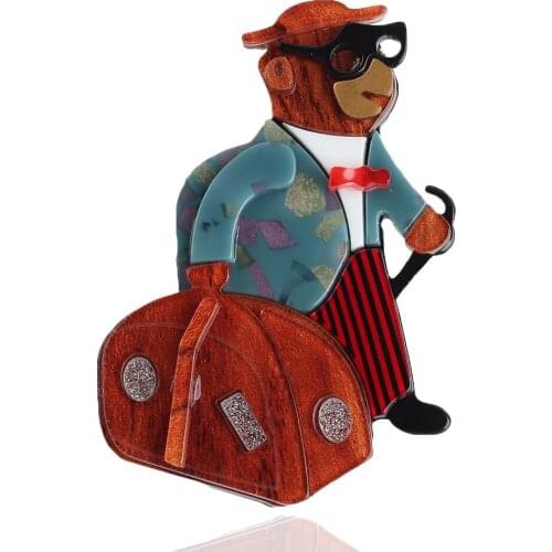 New Punk Cartoon Mr Bear with Traveling Bag Acrylic Brooch For Women Kids Resin Lapel Pins Brooches Badge Fashion Jewelry Gifts