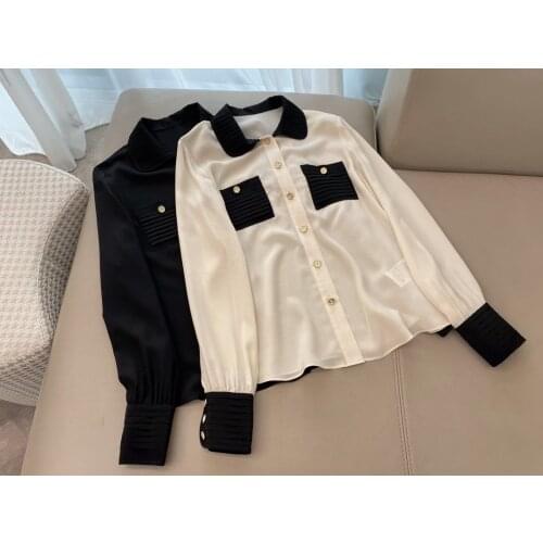 Ladies 2021 fashion new long sleeve sexy casual color matching lapel pocket metal breasted silk shirt 1019