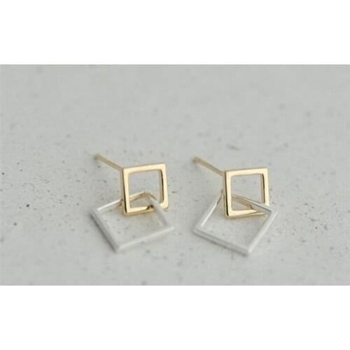 Season Gate 925 Sterling Silver Simple Geometric Double Squares Crossed Fashion Earrings Ear Studs for Women Jewelry Gift SE051