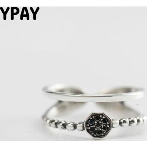 YPAY Vintage Real 925 Sterling Silver Ring for Women Black Zircon Double Layer Open Finger Rings Fine Jewelry Wholesale YMR204