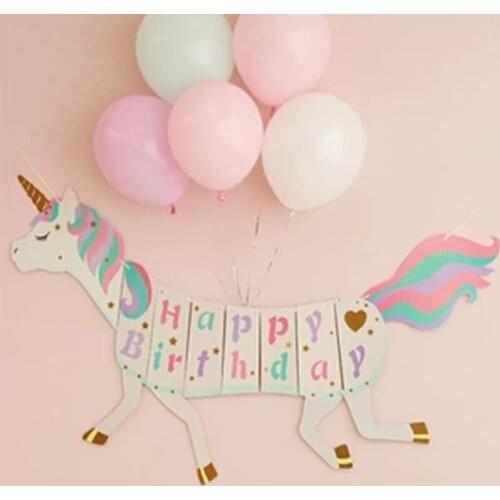 1.2m Gold Powder Unicorn Birthday Banner Decorations Happy Birthday Letter Flower Hanging Flag Party Decorations 172