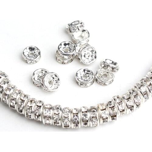 100pcs/lot Rhinestone Rondelles Metal White Crystal Bead Loose Spacer Beads for Jewelry Making Diy Bracelet Accessories Supplie