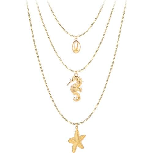 3 Layers Alloy Shell Necklaces For Women New Starfish Seahorse Pendant Necklace Fashion Jewelry collares de moda 2020