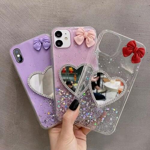 3D Bow Love Mirror Phone Case for Samsung a70 s9 s9plus s10 All Inclusive Shell for Samsung Note9 note20 A51 S8 Soft Phone Cover