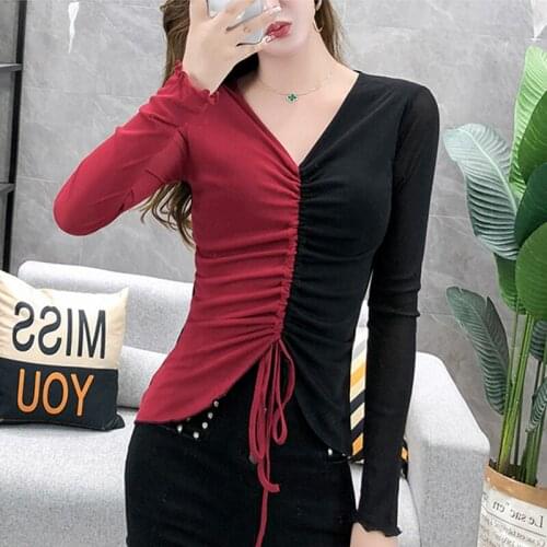 #5561 Basic Mesh T Shirt Spliced Color Sexy Streetwear T-shirt V Neck Slim Drawstring Short Tight T Shirt For Girl Plus Size 3XL