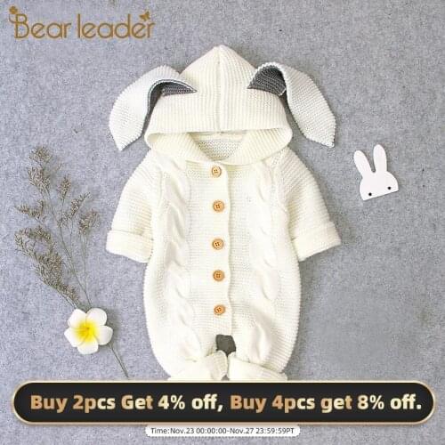 Bear Leader Fashion Children Autumn Long Sleeve Romper Girls Rabbit Ears Cartoon Sweater with Hat Boys Solid Knitted Rompers