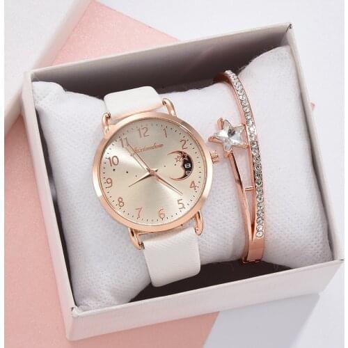 Women Watch Moon Numbers Dial Bracelet Watches Set Ladies Leather Band Quartz Wristwatch Women Female Clock Relogio Mujer Hot