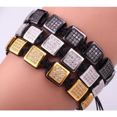 Cube micro pave Copper gold silver metal cz Cubic Zirconia rope adjustable Beads Bracelet Charm Braided Bangles xb3d