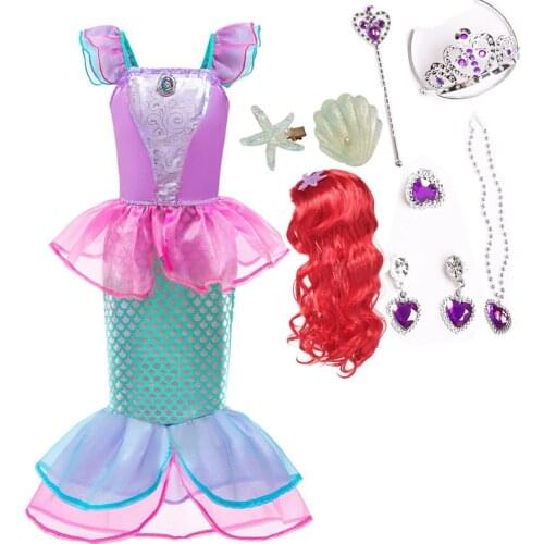 Girl Princess Little Mermaid Ariel Dress Kids Halloween Fancy Costume Children Carnival Birthday Party Clothes Summer Dress Up