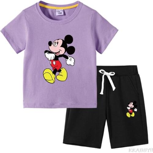 Disney Mickey Foreign Trade Childrens Wear Cotton Childrens Short-Sleeved T-Shirt InTrousers Two Sets