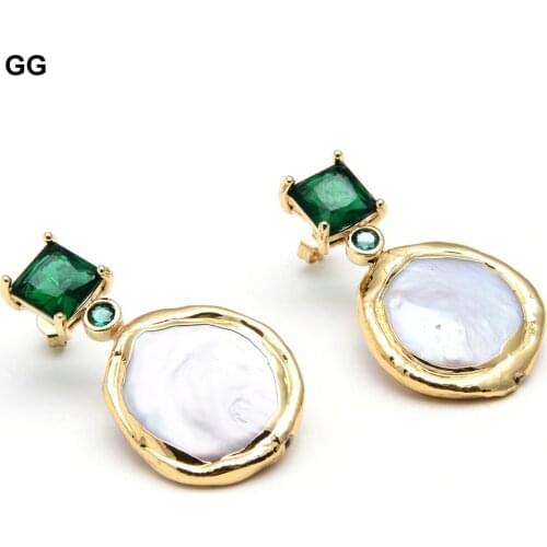 GG Jewelry Natural Freshwater Cultured White Keshi Coin Pearl Green Crystal CZ Gold Color Plated Stud Earrings Cute For Women