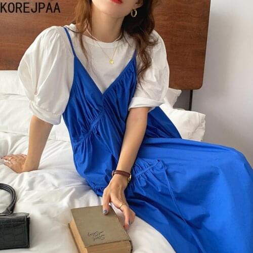 Korejpaa Women Sets 2021 Summer Korean Chic Western Style Round Neck Loose Puff Sleeve T-Shirt Design Pleated Suspender Dress