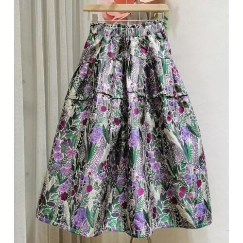 Korean Womens Autumn Winter Retro Niche Skirt Purple Flower Fluffy Flower Buds Elastic High Waist Long Skirt