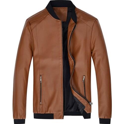 Autumn and Winter New Solid Color Mens Stand-Up Collar Leather Jacket Coat Motorcycle Mens Casual Leather Jacket